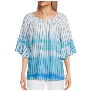 Allison Daley Petite Large Vertical Stripe Ombre Blue Print 3/4 Flutter Sleeve
